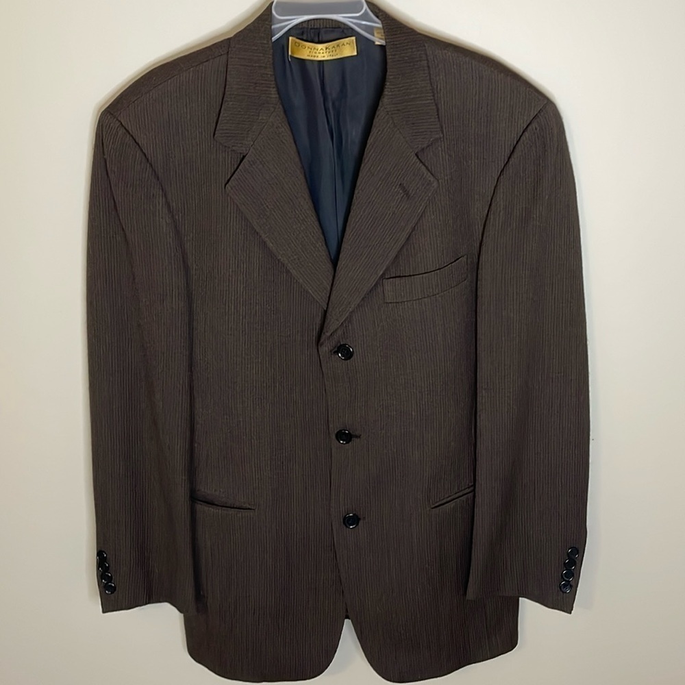 DONNA KARAN Mens 40R 100% Wool Italian Made 3 Button Brown Stripe Blazer Teacher